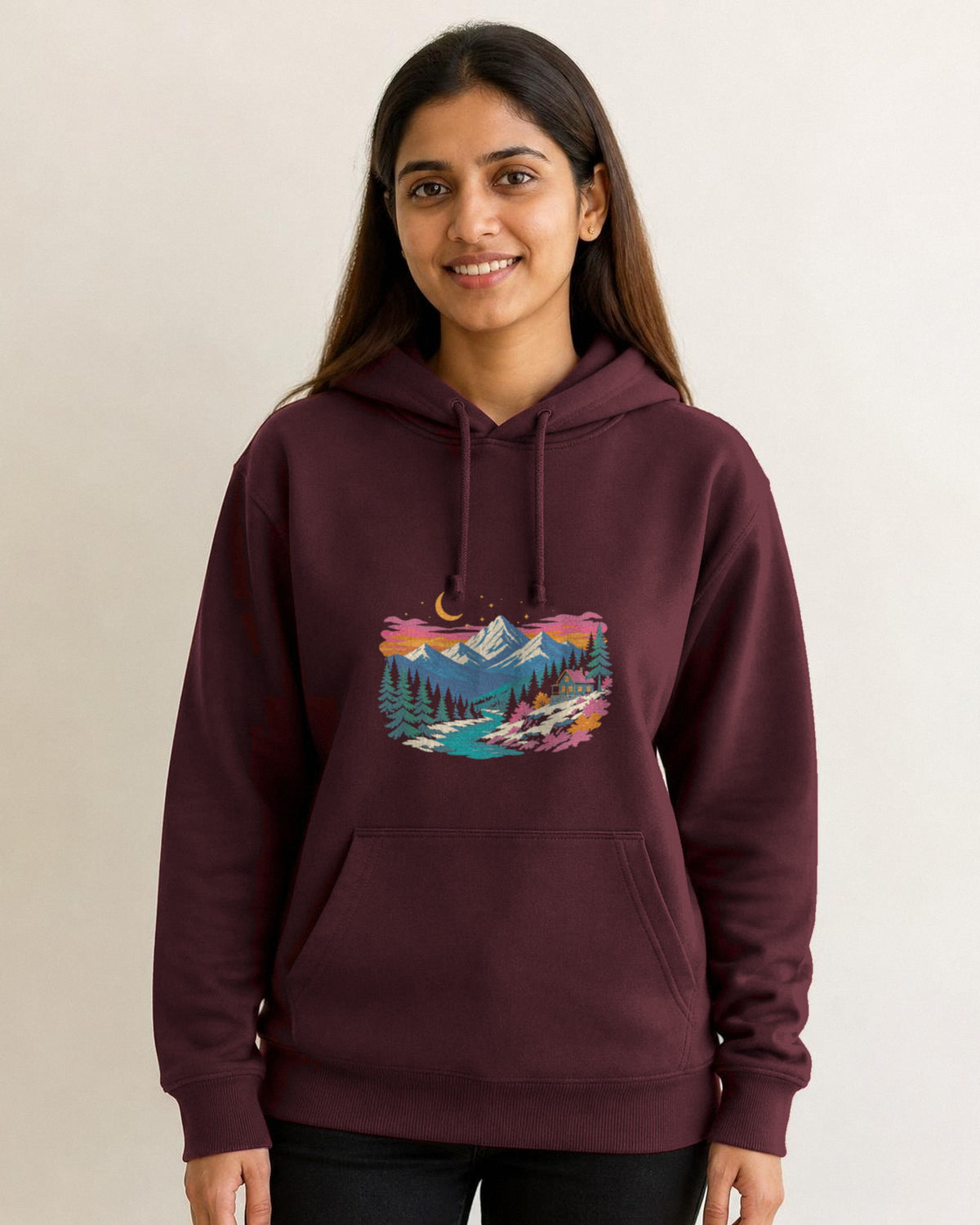 Himalayan Dusk printed hoodie in Maroon worn by a model, Bonzo Peter's