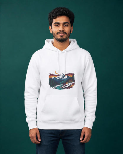 Himalayan Dusk printed hoodie in White worn by a model, Bonzo Peter's