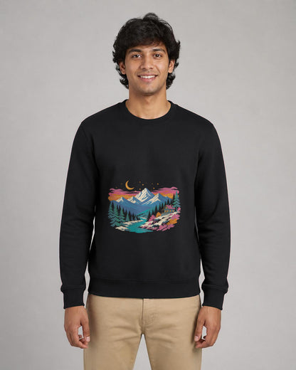 Himalayan Dusk printed sweatshirt in Black worn by a model, Bonzo Peter's