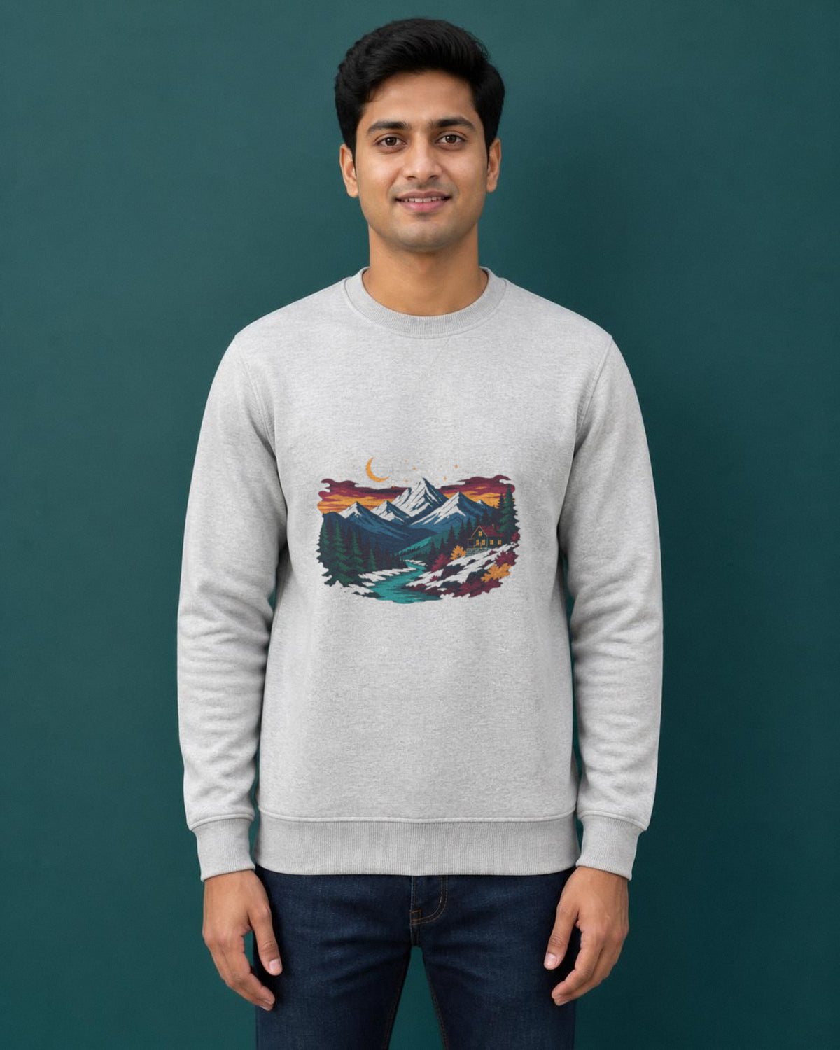 Himalayan Dusk printed sweatshirt in Grey Melange worn by a model, Bonzo Peter's