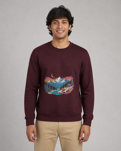 Himalayan Dusk printed sweatshirt in Maroon worn by a model, Bonzo Peter's