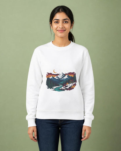Himalayan Dusk printed sweatshirt in White worn by a model, Bonzo Peter's