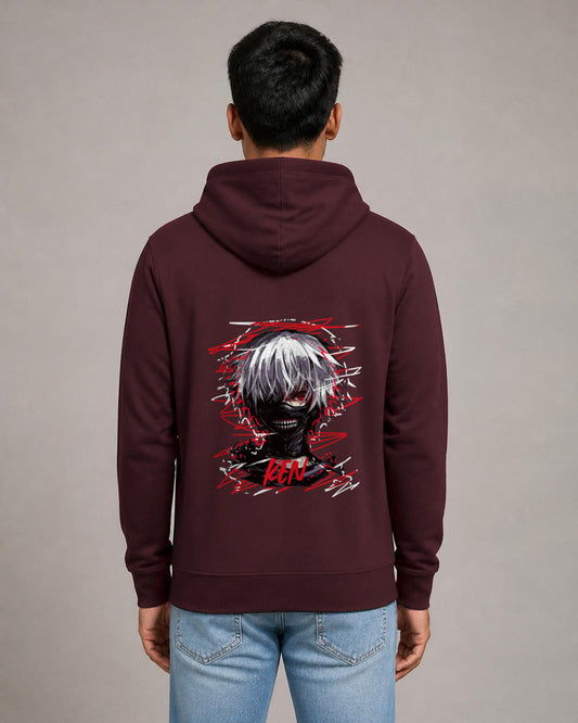 Ken Kaneki back print hoodie in Maroon worn by a model, Bonzo Peter's