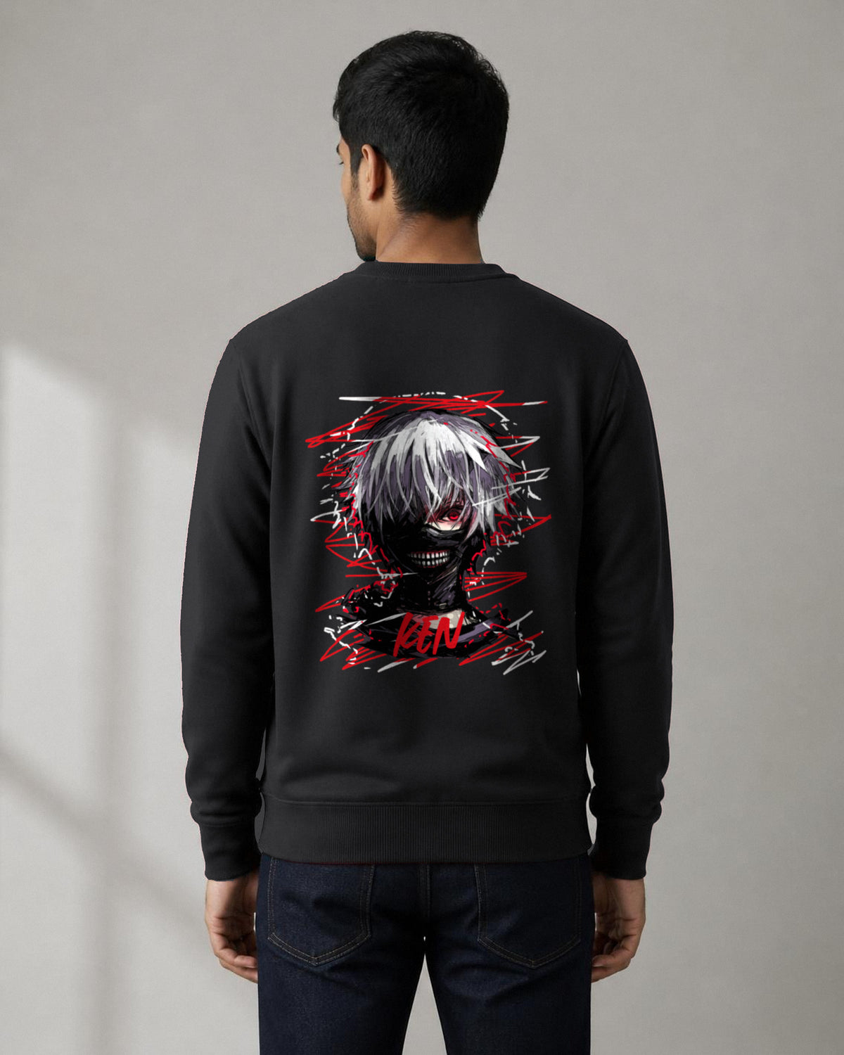 Ken Kaneki back print sweatshirt in Black worn by a model, Bonzo Peter's
