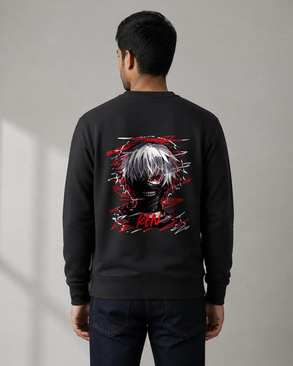 Ken Kaneki back print sweatshirt in Black worn by a model, Bonzo Peter's