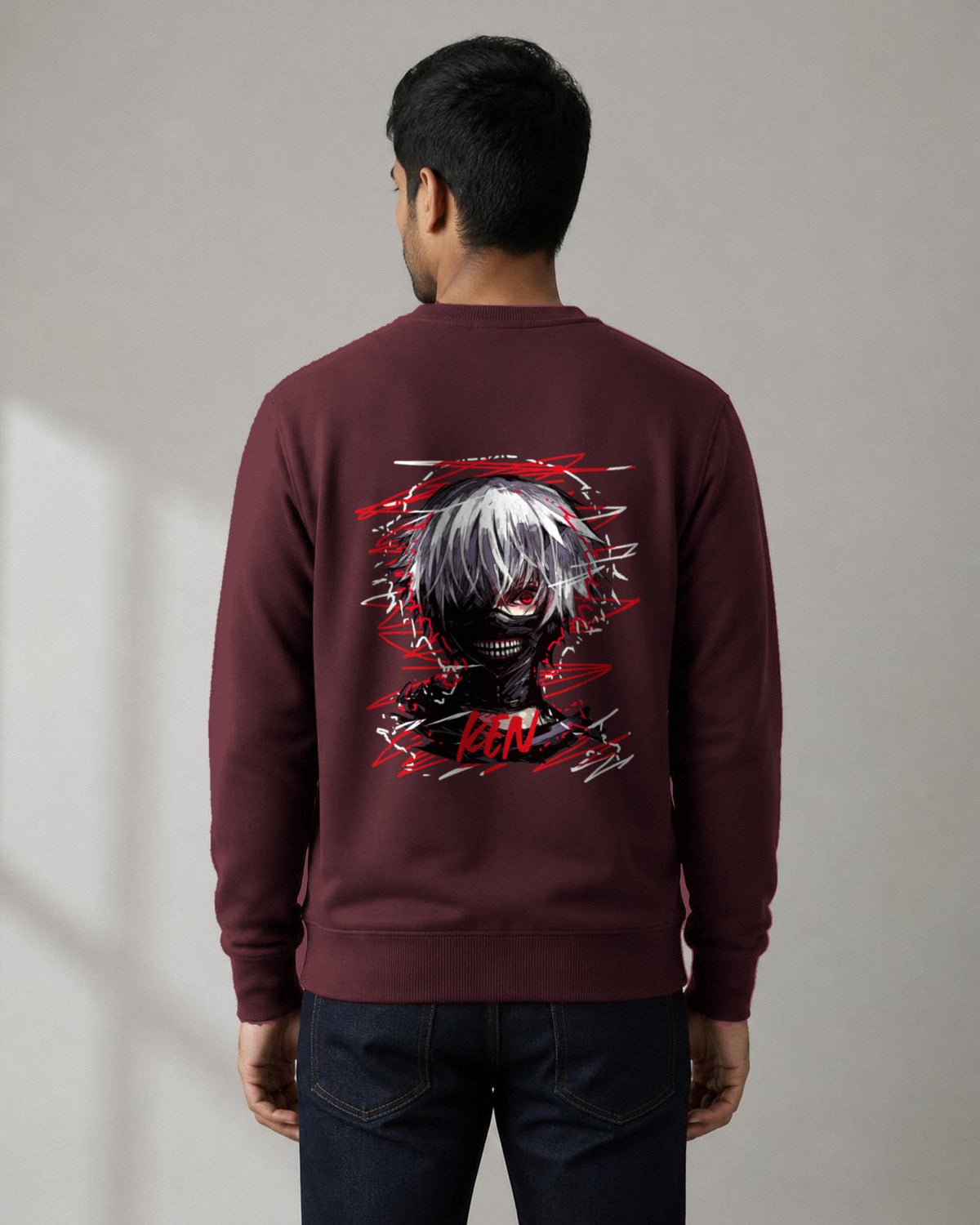 Ken Kaneki back print sweatshirt in Maroon worn by a model, Bonzo Peter's