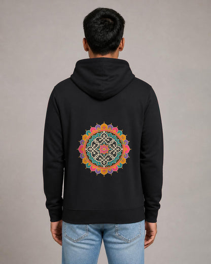 Kolam Mandala front and back print hoodie in Black worn by a model, back view, Bonzo Peter's