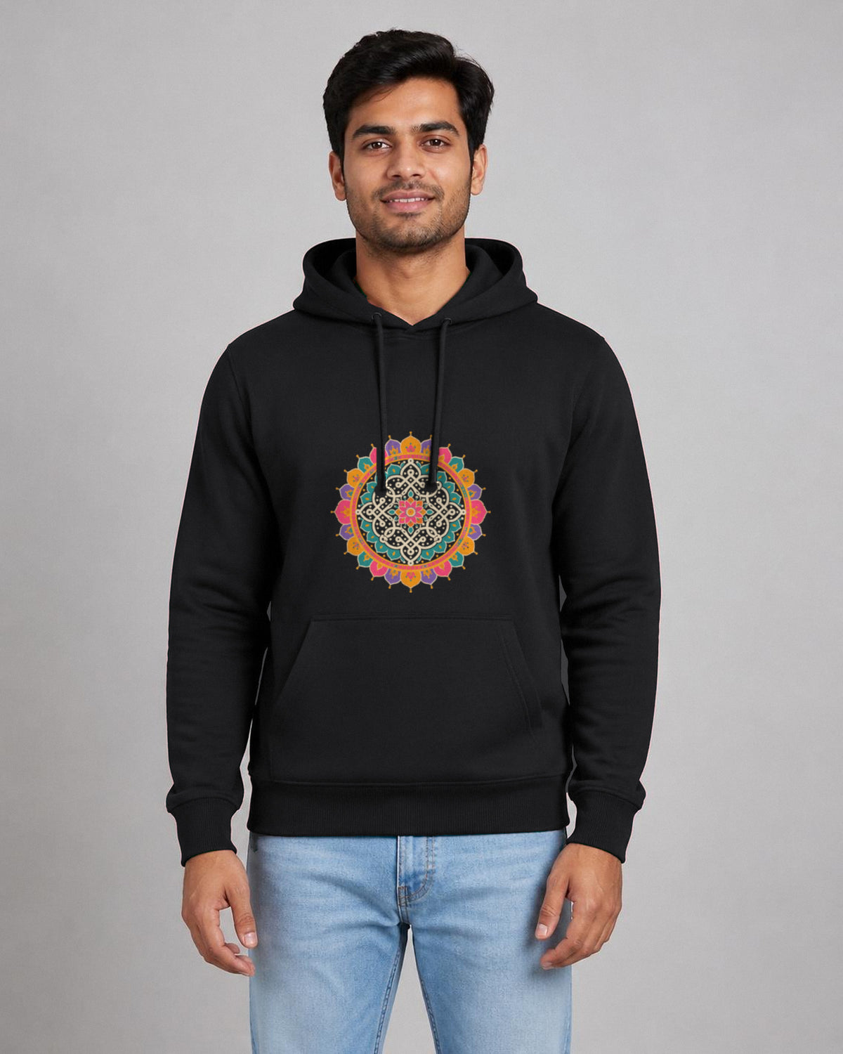 Kolam Mandala front and back print hoodie in Black worn by a model, front view, Bonzo Peter's