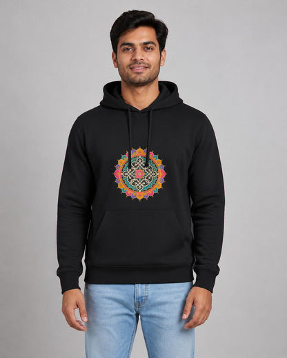 Kolam Mandala front and back print hoodie in Black worn by a model, front view, Bonzo Peter's