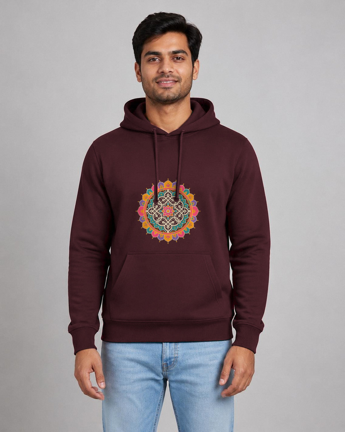 Kolam Mandala front and back print hoodie in Maroon worn by a model, front view, Bonzo Peter's