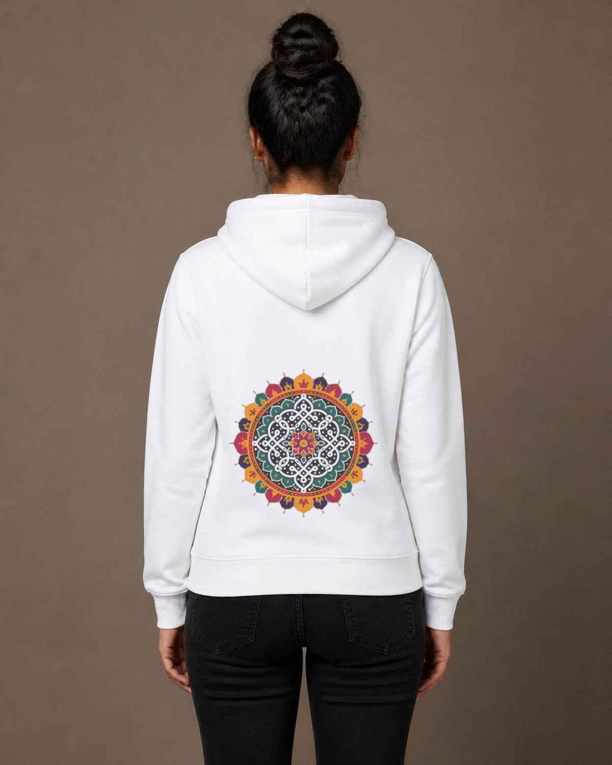 Kolam Mandala front and back print hoodie in White worn by a model, back view, Bonzo Peter's