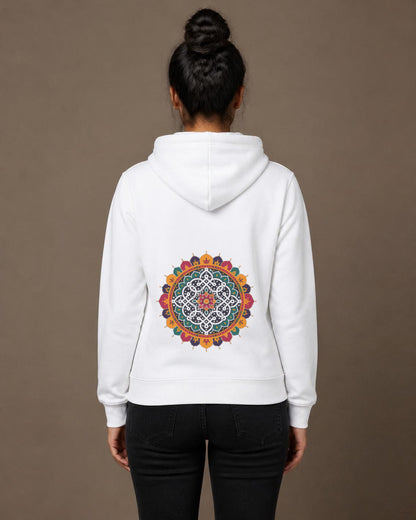 Kolam Mandala front and back print hoodie in White worn by a model, back view, Bonzo Peter's