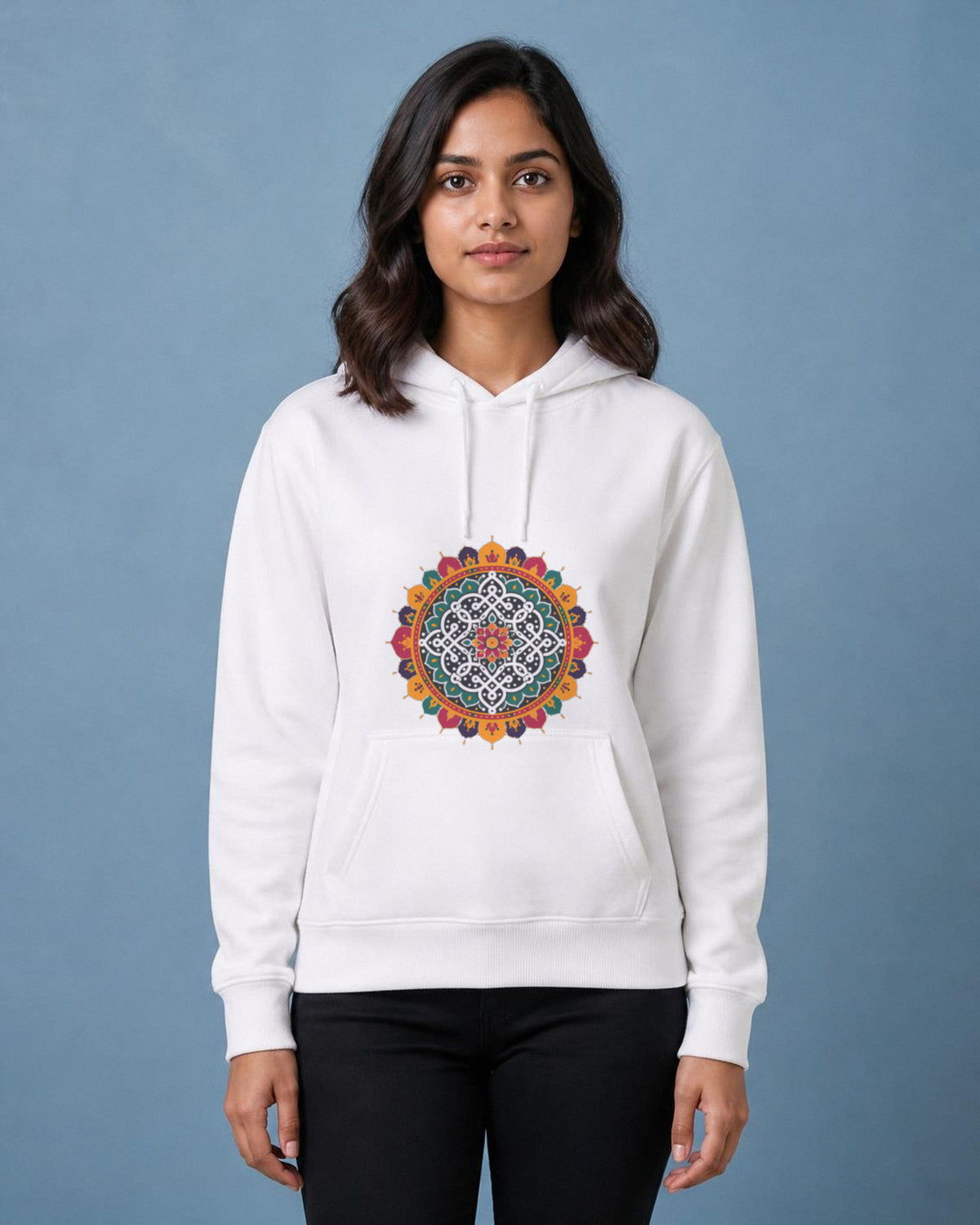 Kolam Mandala front and back print hoodie in White worn by a model, front view, Bonzo Peter's