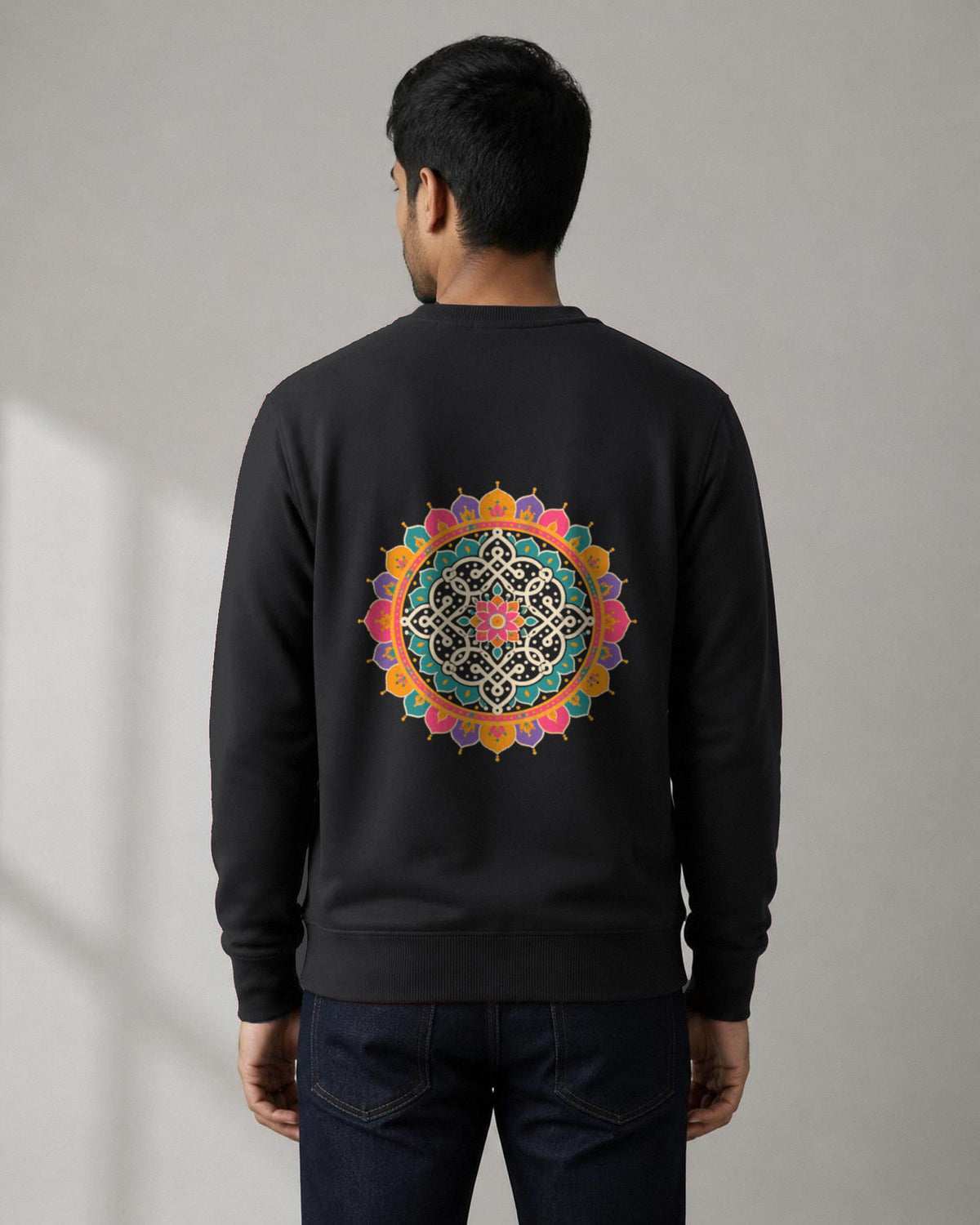 Kolam Mandala front and back print sweatshirt in Black worn by a model, back view, Bonzo Peter's