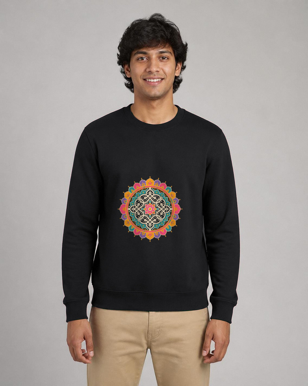 Kolam Mandala front and back print sweatshirt in Black worn by a model, front view, Bonzo Peter's