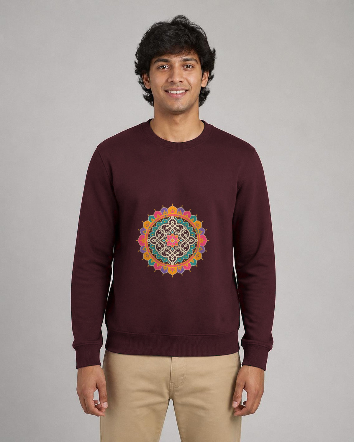 Kolam Mandala front and back print sweatshirt in Maroon worn by a model, front view, Bonzo Peter's