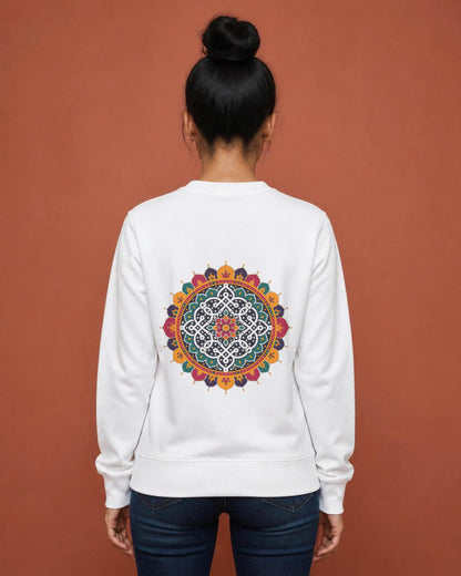 Kolam Mandala front and back print sweatshirt in White worn by a model, back view, Bonzo Peter's