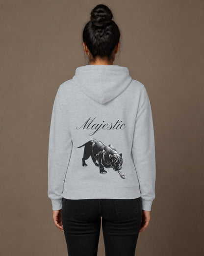 Majestic Panther back print hoodie in Grey Melange worn by a model, Bonzo Peter's