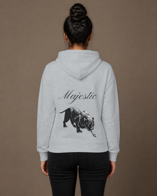 Majestic Panther back print hoodie in Grey Melange worn by a model, Bonzo Peter's