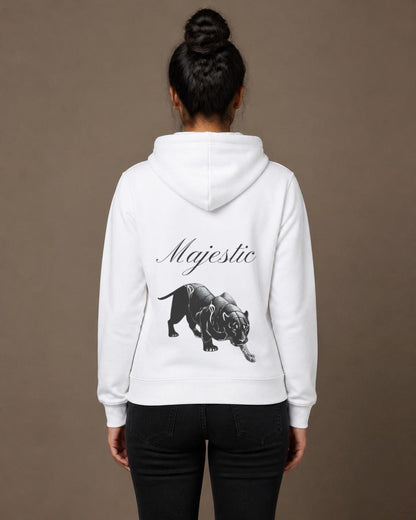 Majestic Panther back print hoodie in White worn by a model, Bonzo Peter's