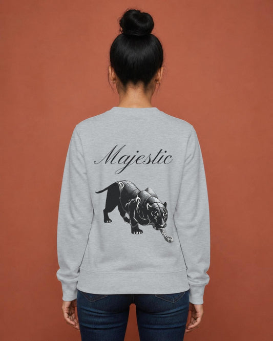 Majestic Panther back print sweatshirt in Grey Melange worn by a model, Bonzo Peter's
