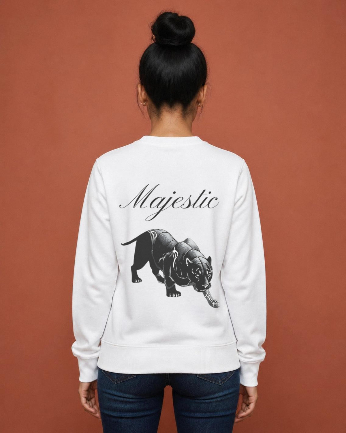 Majestic Panther back print sweatshirt in White worn by a model, Bonzo Peter's