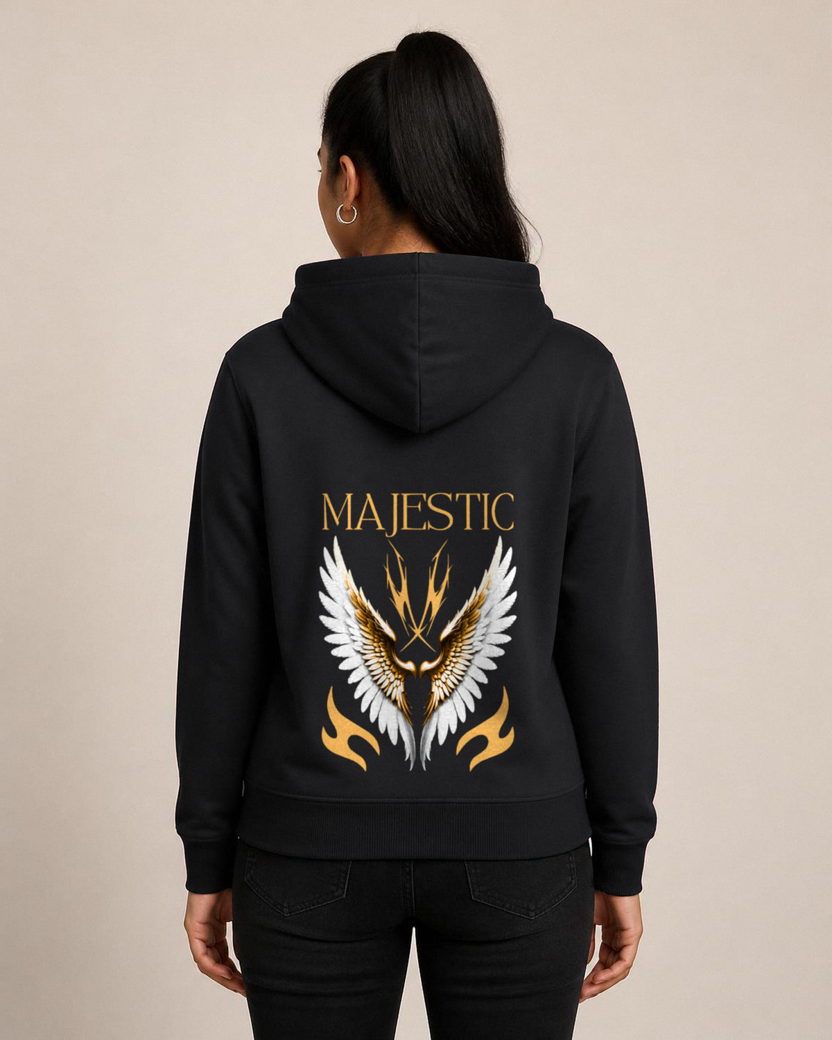 Majestic Wings back print hoodie in Black worn by a model, Bonzo Peter's