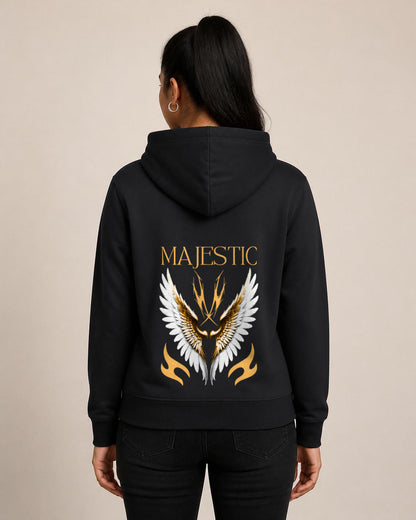 Majestic Wings back print hoodie in Black worn by a model, Bonzo Peter's