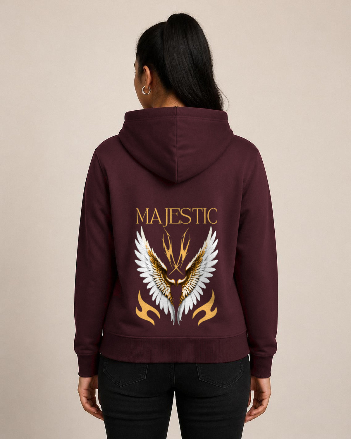Majestic Wings back print hoodie in Maroon worn by a model, Bonzo Peter's