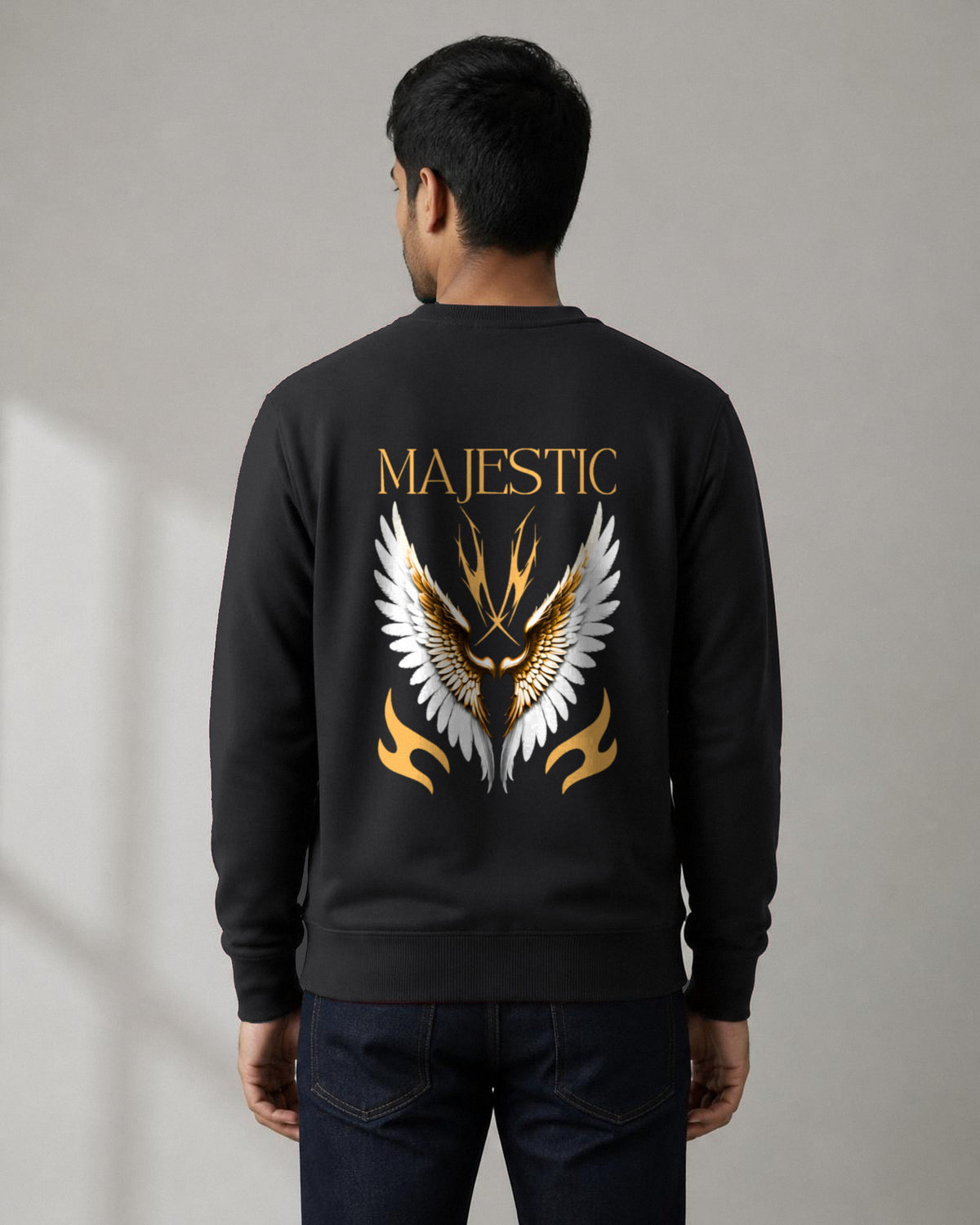 Majestic Wings back print sweatshirt in Black worn by a model, Bonzo Peter's