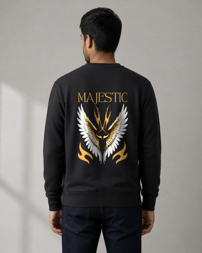 Majestic Wings back print sweatshirt in Black worn by a model, Bonzo Peter's