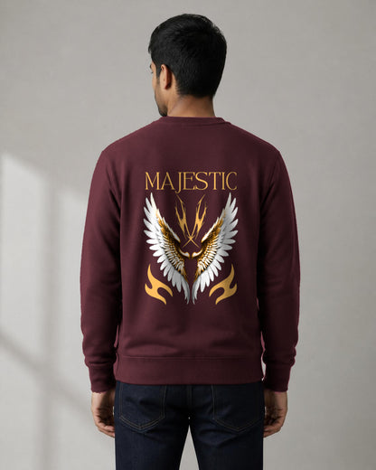 Majestic Wings back print sweatshirt in Maroon worn by a model, Bonzo Peter's