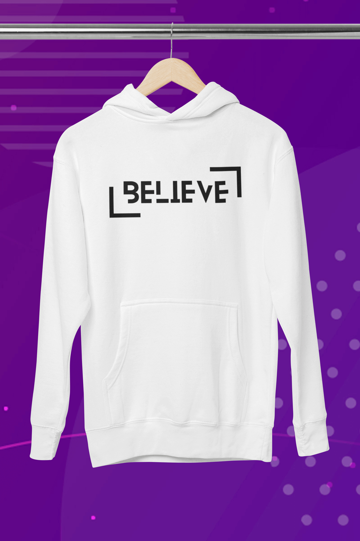 Unisex Believe Hooded Sweatshirt in white, showcasing a stylish design on the back, perfect for winter warmth and fashion.