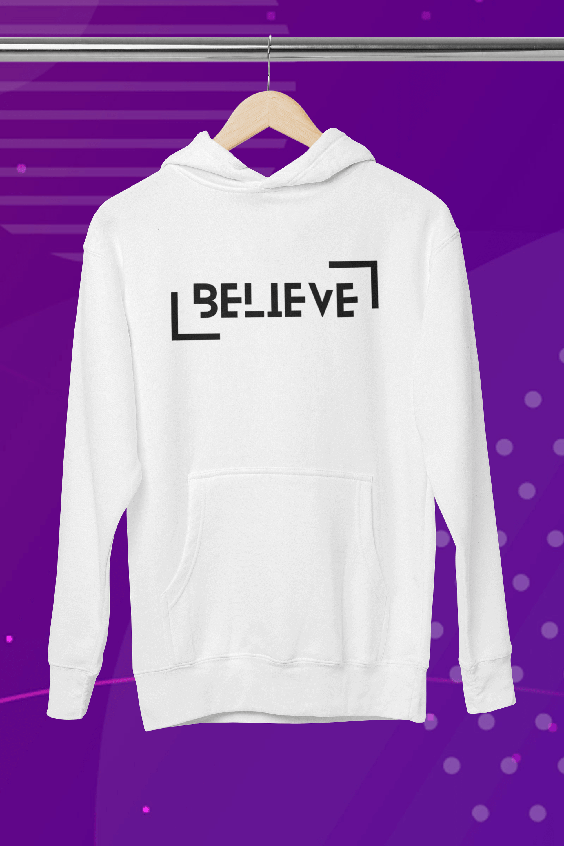 Unisex Believe Hooded Sweatshirt in white, showcasing a stylish design on the back, perfect for winter warmth and fashion.