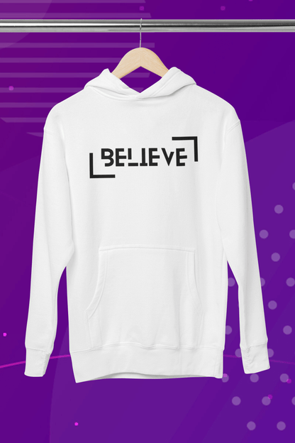 Unisex Believe Hooded Sweatshirt in white, showcasing a stylish design on the back, perfect for winter warmth and fashion.