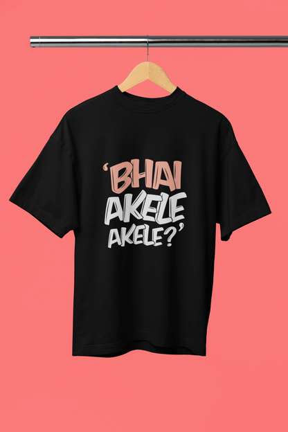 Black funky t-shirt with "Bhai Akele Akele" design hanging on a wooden hanger