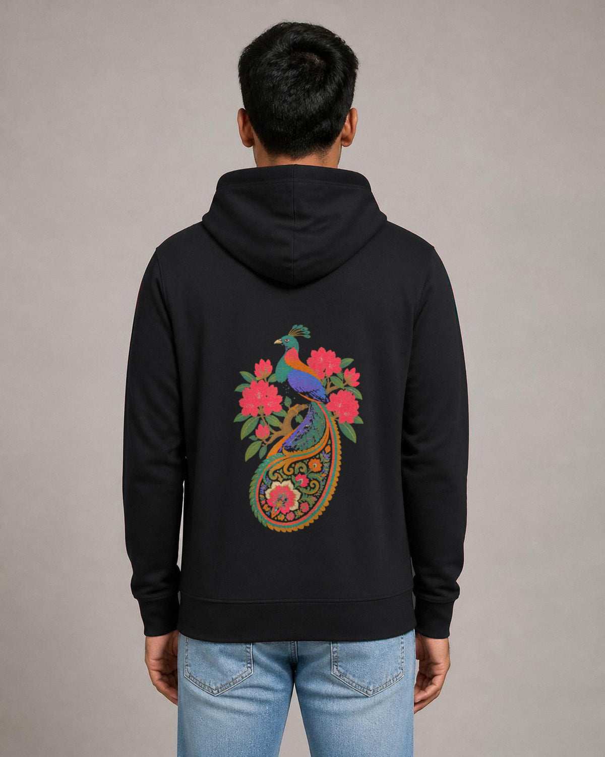 Monal back print hoodie in Black worn by a model, Bonzo Peter's