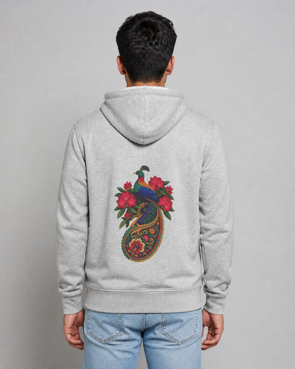 Monal back print hoodie in Grey Melange worn by a model, Bonzo Peter's