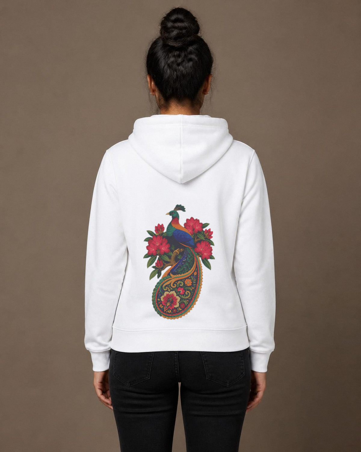 Monal back print hoodie in White worn by a model, Bonzo Peter's