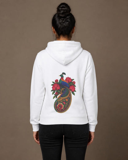Monal back print hoodie in White worn by a model, Bonzo Peter's