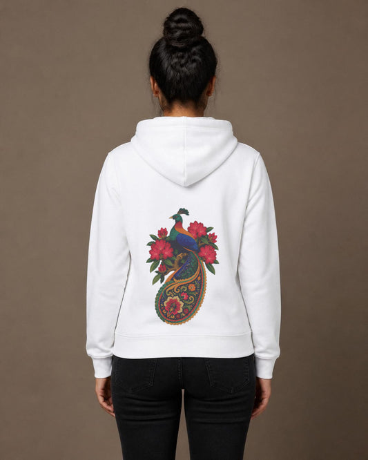 Monal back print hoodie in White worn by a model, Bonzo Peter's
