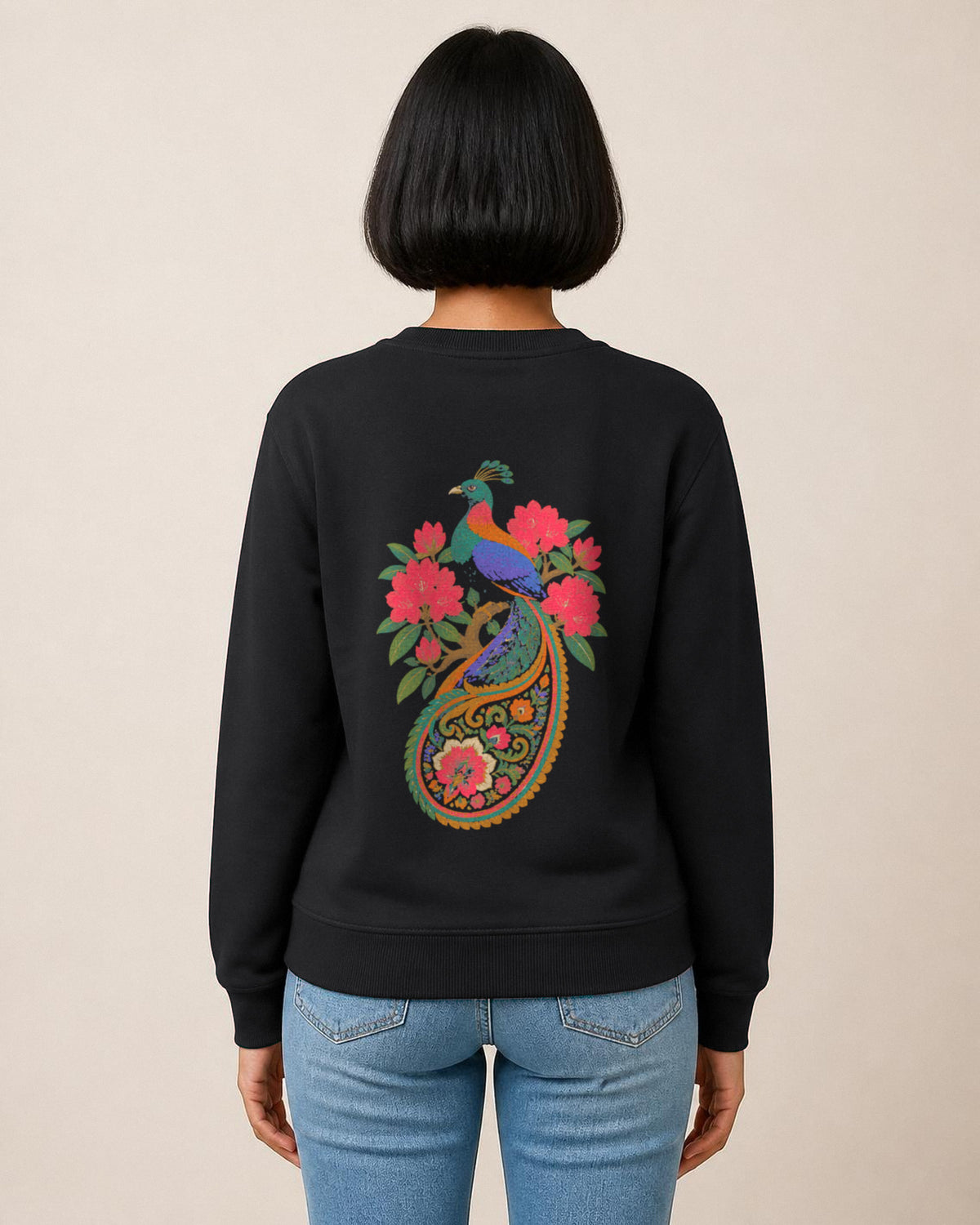 Monal back print sweatshirt in Black worn by a model, Bonzo Peter's