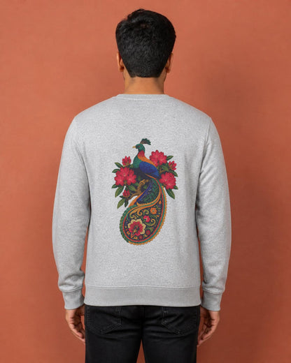 Monal back print sweatshirt in Grey Melange worn by a model, Bonzo Peter's