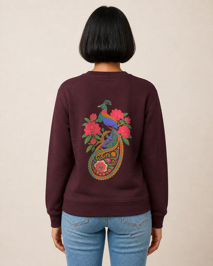 Monal back print sweatshirt in Maroon worn by a model, Bonzo Peter's