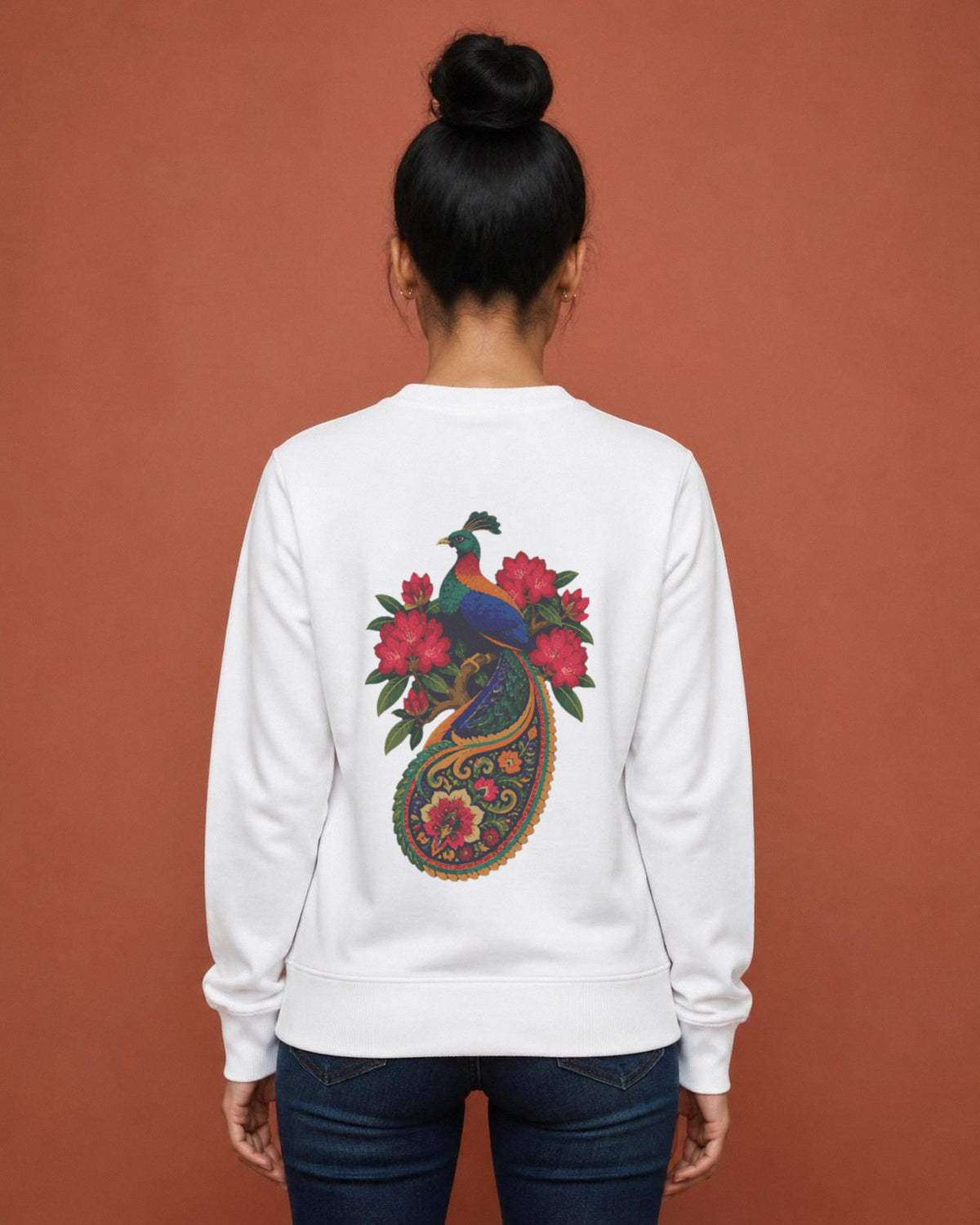 Monal back print sweatshirt in White worn by a model, Bonzo Peter's