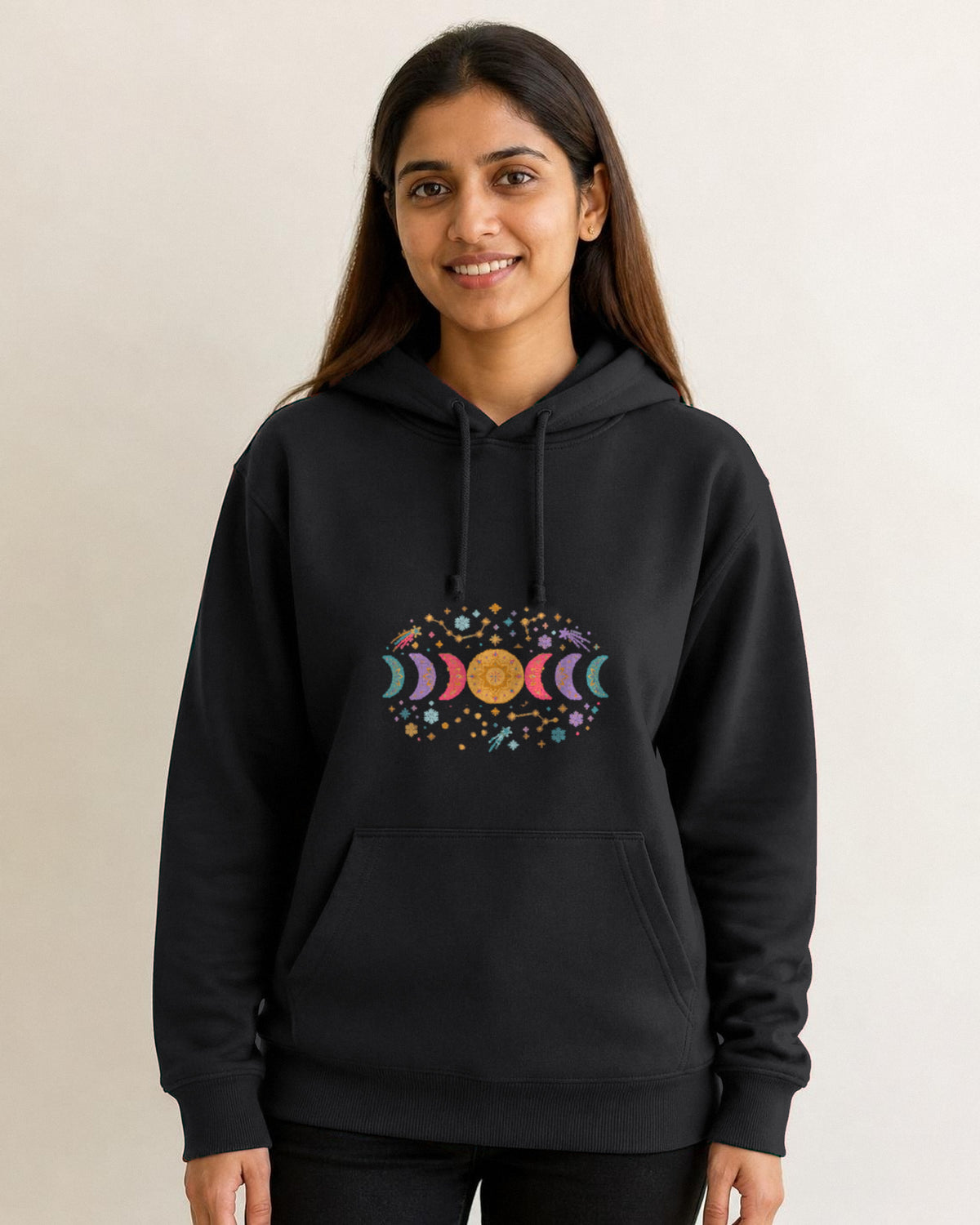 Moon Phase printed hoodie in Black worn by a model, Bonzo Peter's