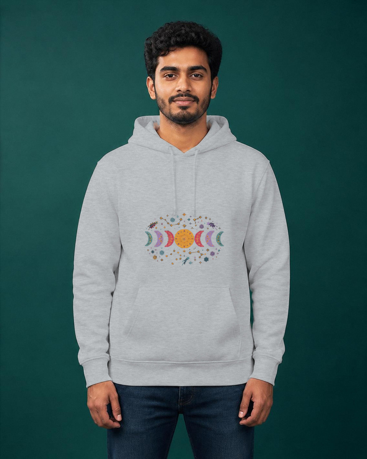 Moon Phase printed hoodie in Grey Melange worn by a model, Bonzo Peter's