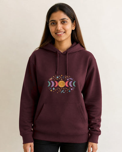 Moon Phase printed hoodie in Maroon worn by a model, Bonzo Peter's