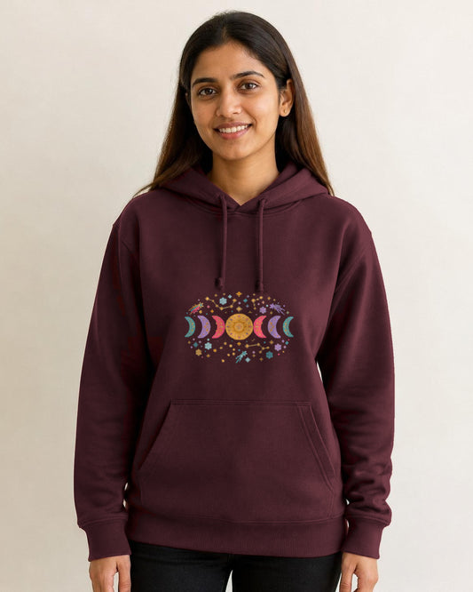 Moon Phase printed hoodie in Maroon worn by a model, Bonzo Peter's