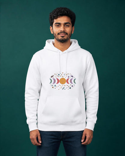 Moon Phase printed hoodie in White worn by a model, Bonzo Peter's